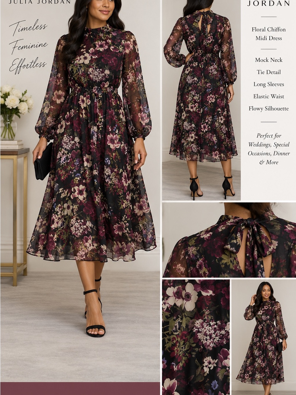 julia jordan Black Floral Tie-Neck Long Sleeve Midi Dress